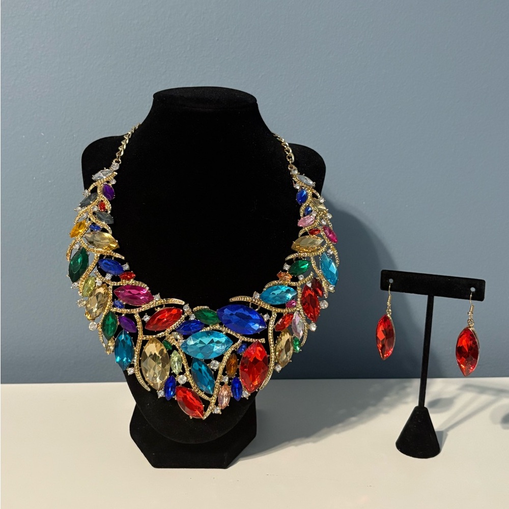 Colorful Gemstone Statement Bib Necklace and Earring Set